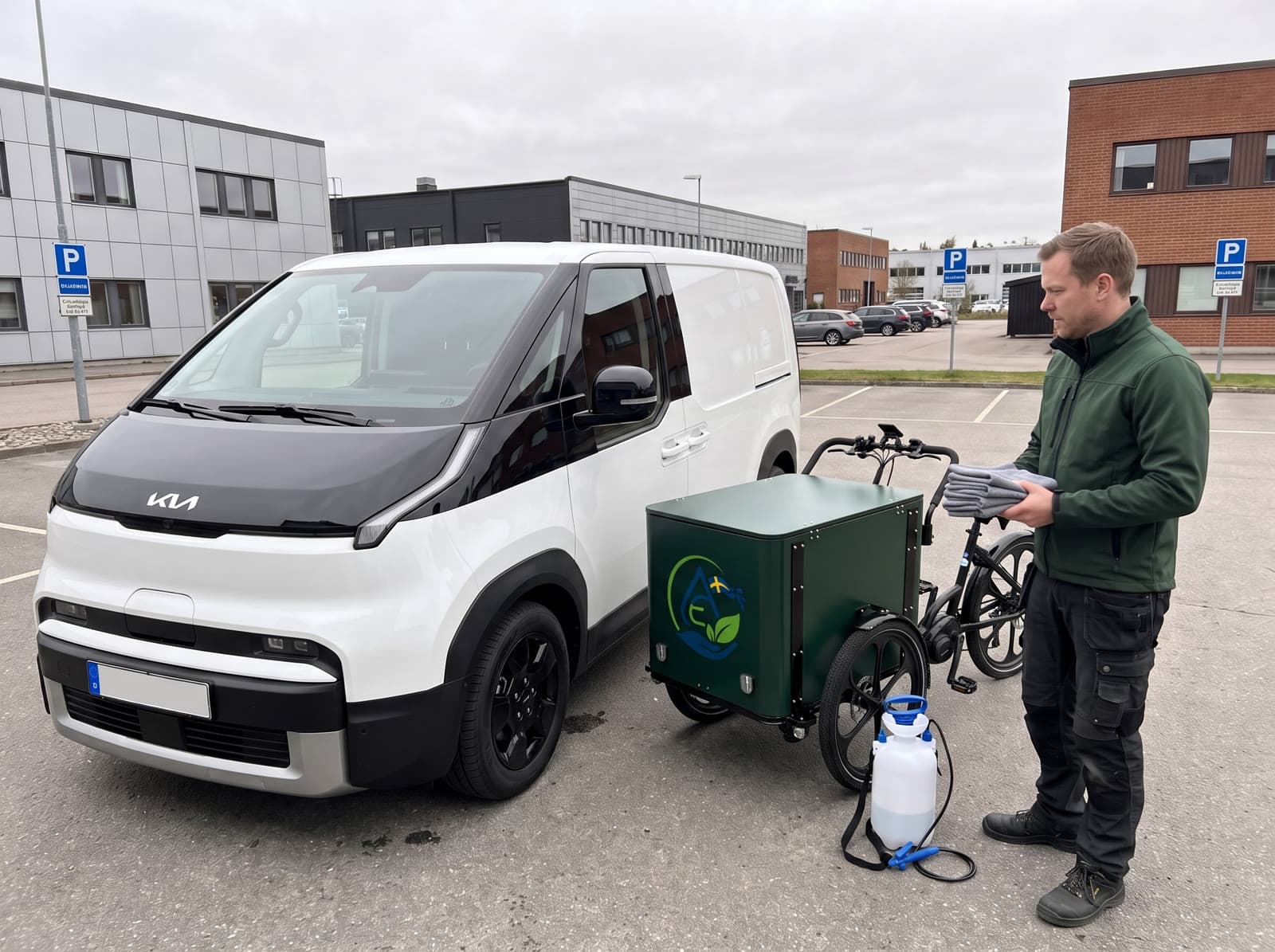Allt som behövs för en tvätt: grå mikrofiberdukar, en pumpspruta på 5 liter och den trehjuliga El-lastcykeln